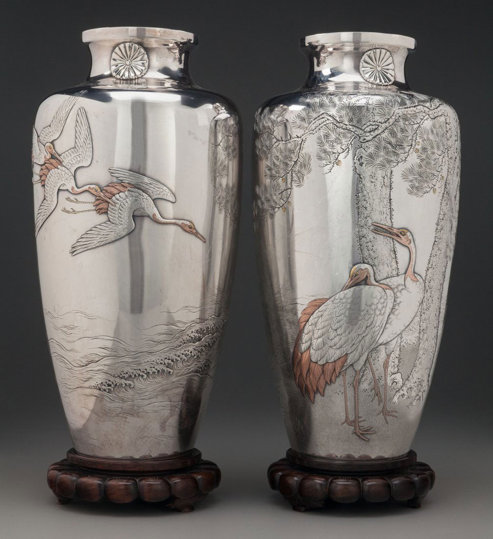 A Pair of Japanese Silver and Mixed Metal Vases (1 of 4)