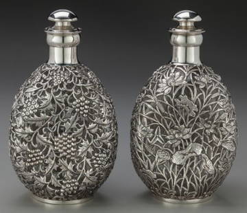 Two Yuan Shun Chinese Export Silver and Glass Ha: Two Yuan Shun Chinese Export Silver and Glass Haig Dimpled Scotch Decanters,&nbsp;Tientsin, Ch