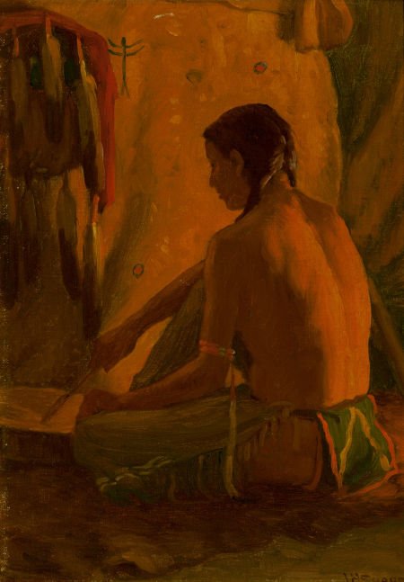 Joseph Henry Sharp (American, 1859-1953) Working: Joseph Henry Sharp (American, 1859-1953)Working by FirelightOil on canvas l