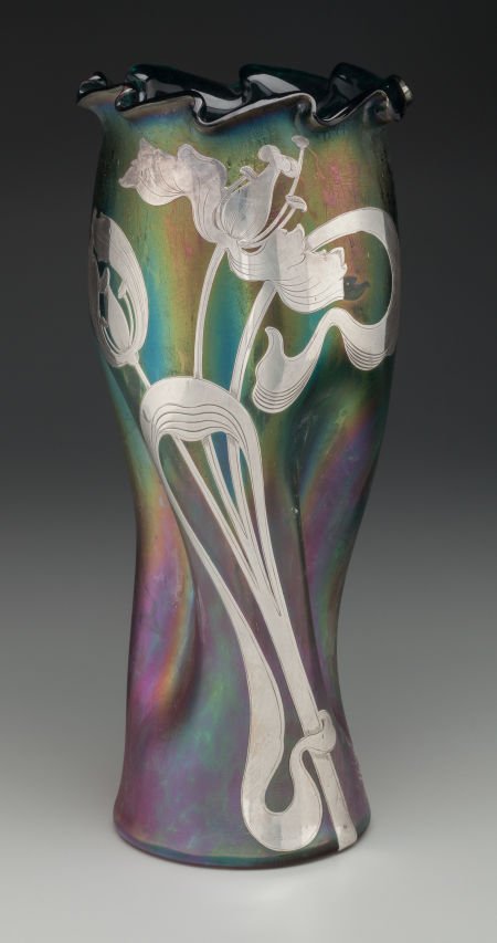 Austrian Iridescent Glass Vase with Silver Overl (1 of 4)