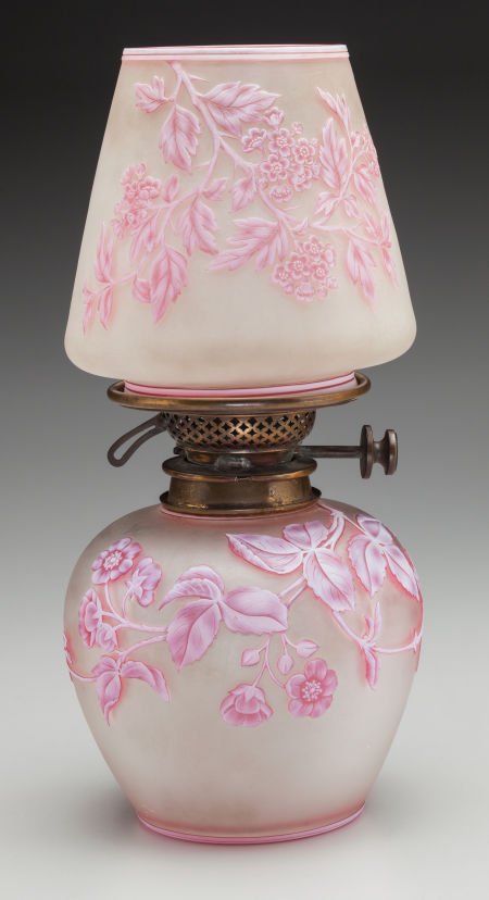 Thomas Webb & Sons Glass Overlay Floral Oil Lamp: Thomas Webb & Sons Glass Overlay Floral Oil LampCirca 1915. Stenciled THOS. WEBB & SONS, CAMEO
