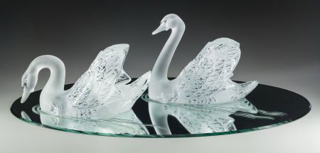Pair of Lalique Clear and Frosted Glass Cygne Te (1 of 3)