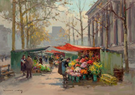 Edouard-Léon Cortès (French, 1882-1969) Flower M: Edouard-Léon Cortès (French, 1882-1969)Flower Market at La Madeleine, circa 195