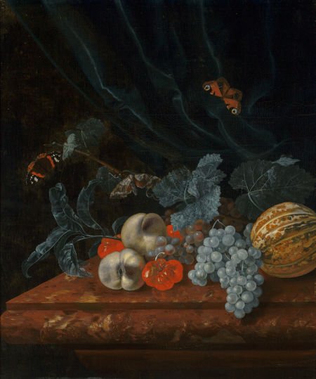 Follower of Willem Van Aelst (Dutch, 18th Centur: Follower of Willem Van Aelst (Dutch, 18th Century)Still Life with Grapes, Peaches, a Me