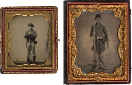 Tintypes of Union Soldiers. Fine hand-tinted qua: Tintypes of Union Soldiers. Fine hand-tinted quarter plate tintype of standing soldier ho