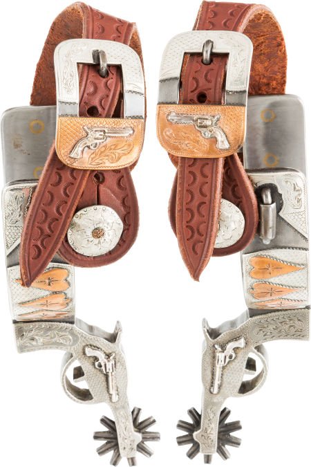 Silver-Mounted Pistol-Shank Spurs by R. F. Ford.: Silver-Mounted Pistol-Shank Spurs by R. F. Ford. Small 10-point spoke rowels in silv