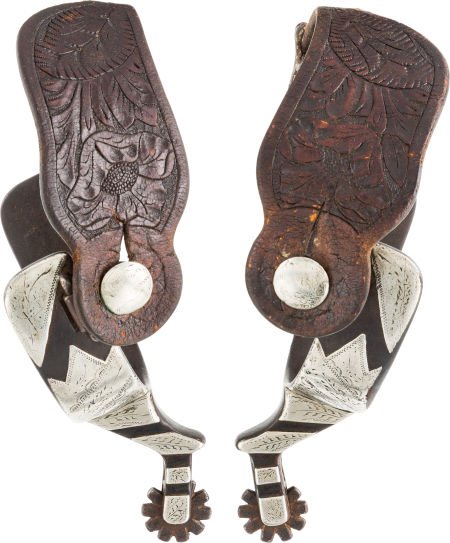 Early Adolph Bayers Spurs. Small 10-point rowel: Early Adolph Bayers Spurs. Small 10-point rowels on bent shanks with integral chap gu