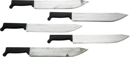 A Group of Prop Machetes from "The Expendables.": A Group of Prop Machetes from "The Expendables." Lionsgate, 2008. Five painted rubber bl