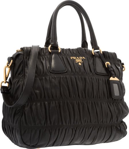 Prada Black Ruched Lambskin Leather Tote Bag Ver (1 of 4)