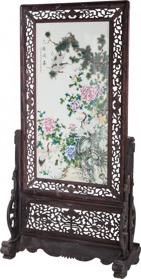 A Large Chinese Enameled Porcelain Screen with S (1 of 2)