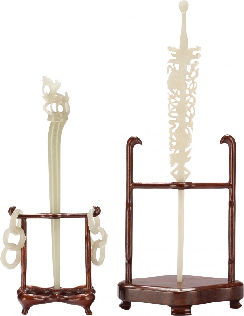 Two Chinese Carved Celadon Jade Hairpins with St (1 of 2)