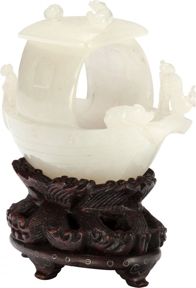 A Chinese Carved White Jade Boat with Stand 2-1/ (1 of 3)
