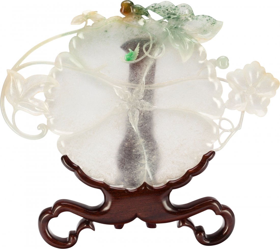 A Chinese Carved Jadeite Gourd Blossom Plaque wi (1 of 3)