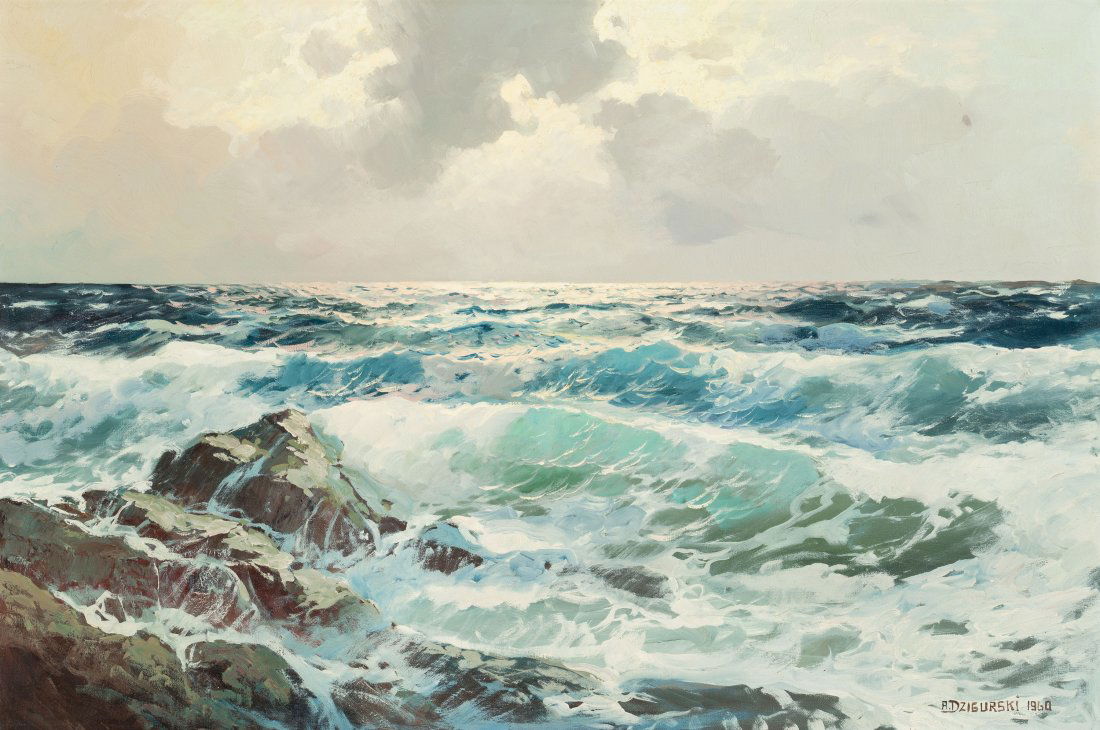 Alexander Dzigurski (Russian/American, 1911-1995: Alexander Dzigurski (Russian/American, 1911-1995)Rough Seas, 1960Oil on can