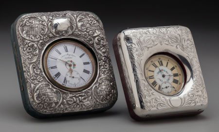 Two Pocket Watches in Silver and Leather Frames, (1 of 3)