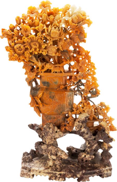 A Chinese Carved Soapstone Group of Flowers in a (1 of 3)