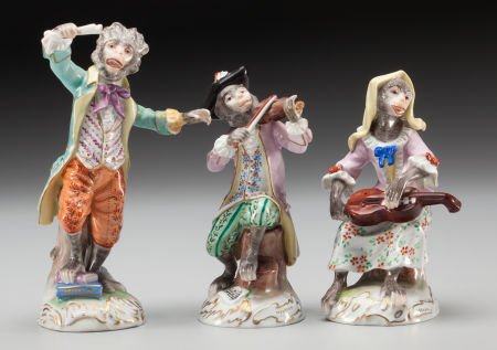Three Dresden Porcelain Monkey Band Figures, lat (1 of 3)