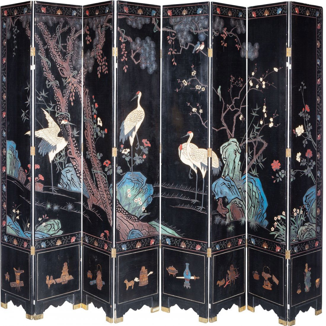 A Large Chinese Lacquered and Painted Eight-Pane (1 of 2)