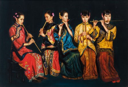 Manner of Chen Yifei (American/Chinese, 1946-200: Manner of Chen Yifei (American/Chinese, 1946-2005) Shanghai Ladies Playing Wind Instrume