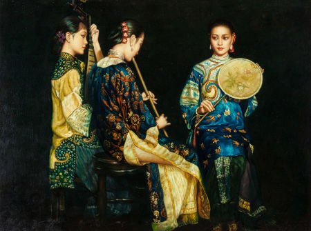 Manner of Chen Yifei (American/Chinese, 1946-200: Manner of Chen Yifei (American/Chinese, 1946-2005) Three Shanghai Ladies Performing<