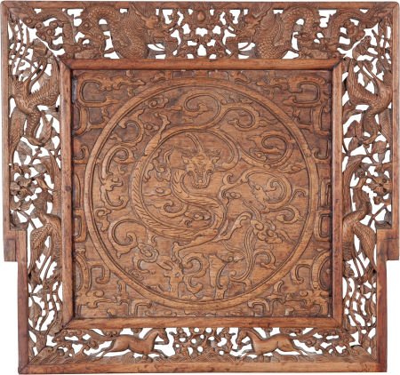 A Chinese Carved Teak Panel: Dragon, 20th centur (1 of 2)