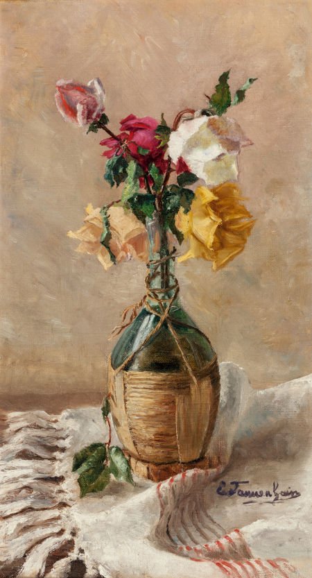 Continental School (20th Century) Still Life wit: Continental School (20th Century) Still Life with Roses in Wine Bottle Oil on