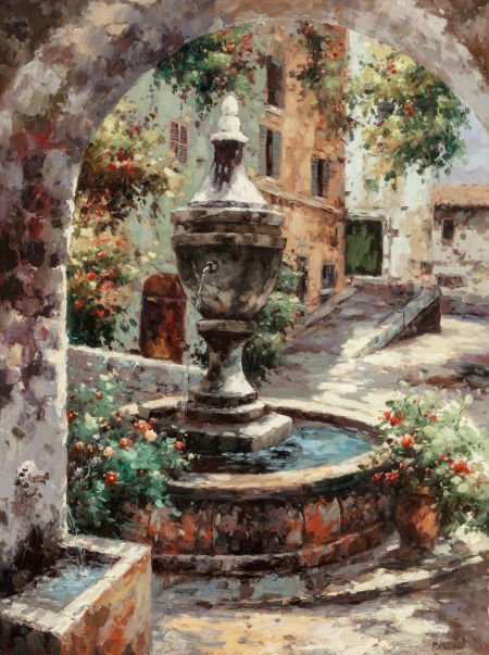 Continental School (20th Century) Courtyard Foun: Continental School (20th Century) Courtyard Fountain Oil on canvas 48 x 36