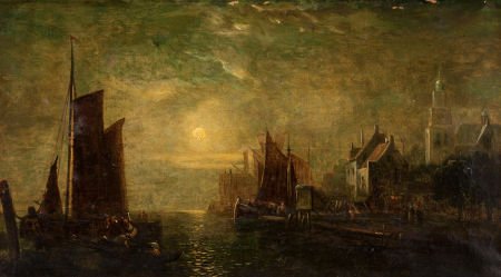 Continental School (19th Century) Harbor Scene O: Continental School (19th Century) Harbor Scene Oil on canvas 18 x 32 inche