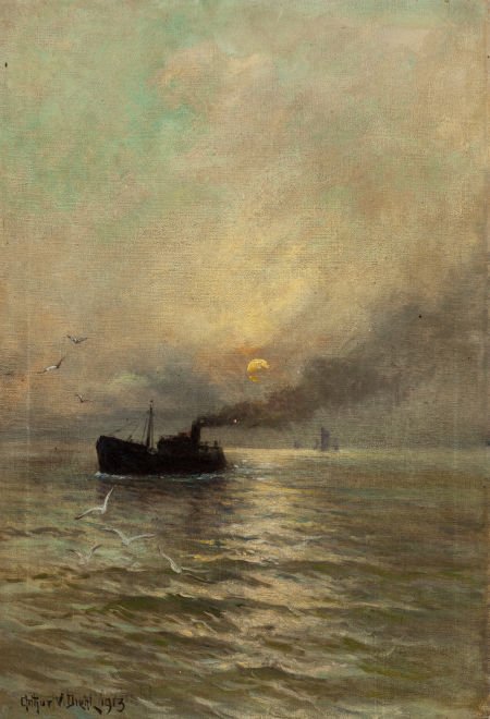 Arthur Vidal Diehl (American, 1870-1929) Steamsh: Arthur Vidal Diehl (American, 1870-1929)Steamship at Dusk, 1913Oil on canva