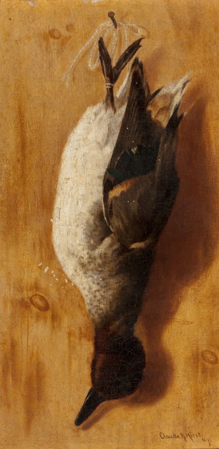 Claude Raguet Hirst (American, 1855-1942) Waterf: Claude Raguet Hirst (American, 1855-1942)WaterfowlOil on canvas 17 x 9