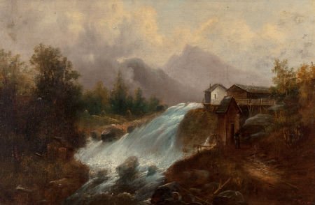 T. Mirani (19th Century, Continental School) Lan: T. Mirani (19th Century, Continental School) Landscape with Waterfall Oil on