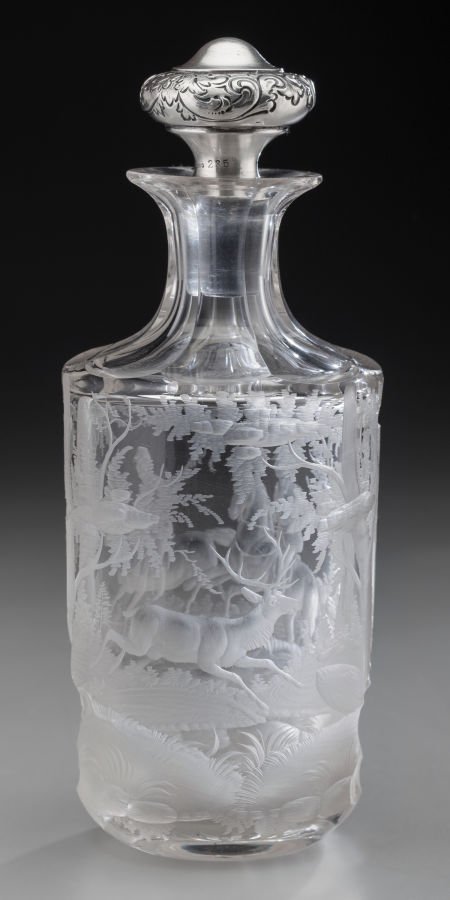 An American Silver and Glass Decanter with Intag: An American Silver and Glass Decanter with Intaglio Hunt Scene, late 19th century Mark