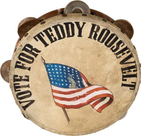 Theodore Roosevelt: Patriotic Political Tambouri: Theodore Roosevelt: Patriotic Political Tambourine. 8" tambourine with hand-painted 48-st
