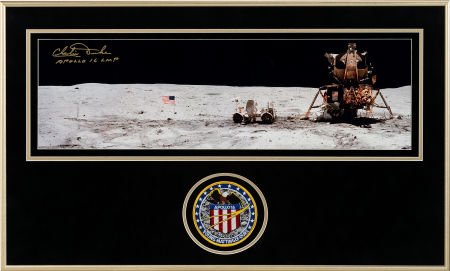 Charlie Duke Signed Apollo 16 Panoramic Lunar Su: Charlie Duke Signed Apollo 16 Panoramic Lunar Surface "Moonpans" Color Photo in Framed Display with Mi