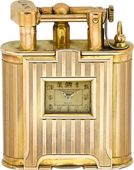Dunhill Gold Lighter Watch, circa 1920's Case: Dunhill Gold Lighter Watch, circa 1920's Case: 9k gold, 54 x 43 x 15 mm, vertical striped