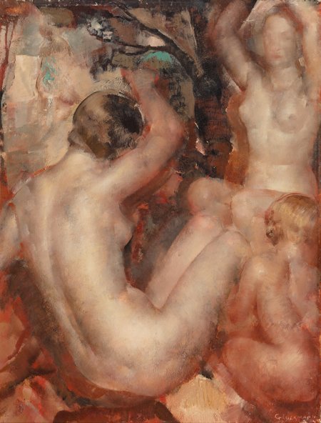 Grigory Gluckmann (Russian, 1898-1973) Three nud: Grigory Gluckmann (Russian, 1898-1973)Three nudes in a landscapeOil on pane