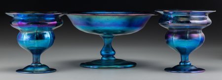 Three Tiffany Studios Blue Favrile Glass Footed : Three Tiffany Studios Blue Favrile Glass Footed Bowls, Corona, New York, circa 1920 Ma