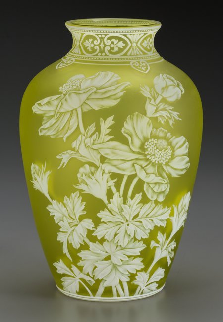 A Thomas Webb & Sons Overlay Yellow Glass Floral: A Thomas Webb & Sons Overlay Yellow Glass Floral Vase, Stourbridge, England, circa 1900