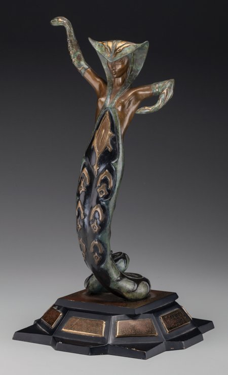 An Erté Cold Painted Bronze Sculpture: La Jalous: An Erté Cold Painted Bronze Sculpture: La Jalousie, 