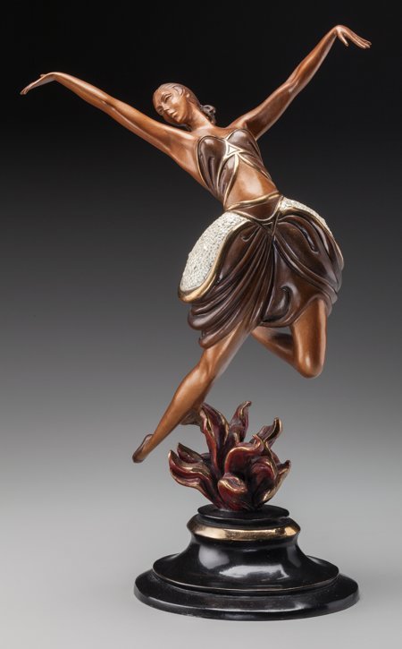 An Erté Cold Painted Bronze Sculpture: La Danseu: An Erté Cold Painted Bronze Sculpture: La Danseuse, circ