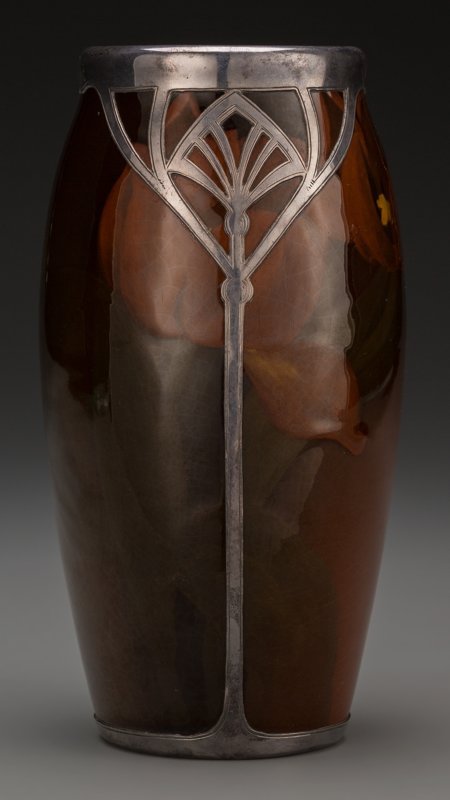 A Rookwood Standard Glaze Ceramic Tulip Vase wit: A Rookwood Standard Glaze Ceramic Tulip Vase with Gorham Si