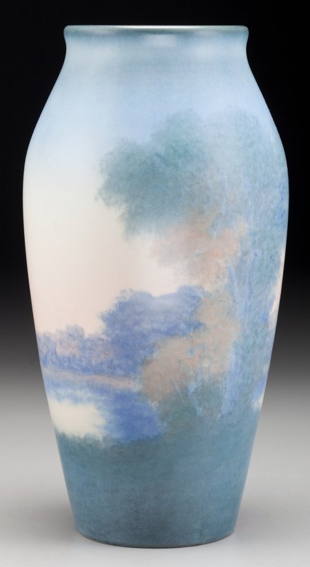 A Rookwood Vellum Glaze Ceramic Landscape Vase b: A Rookwood Vellum Glaze Ceramic Landscape Vase by Timothy Hurley, Cincinnati, Ohio, circa