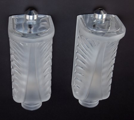 A Pair of Lalique Glass and Gilt Metal Palme Wal: A Pair of Lalique Glass and Gilt Metal Palme Wall Sconces, 