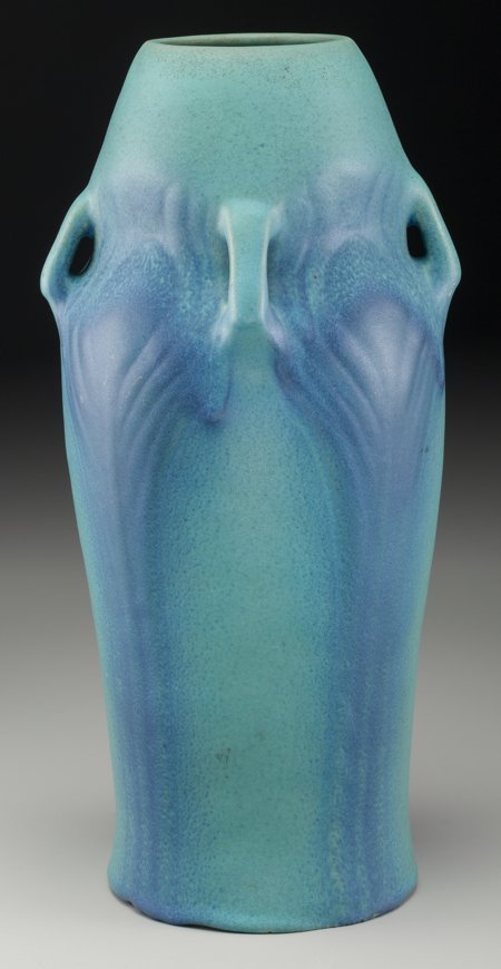 A Van Briggle Blue and Turquoise Earthenware Han: A Van Briggle Blue and Turquoise Earthenware Handled Vase, circa 1915Marks: VAN BRIGGLE