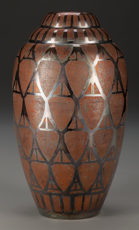 A Christofle Art Deco Mixed Metals Dinanderie Va: A Christofle Art Deco Mixed Metals Dinanderie Vase, Paris, France, circa 1930Marks: <