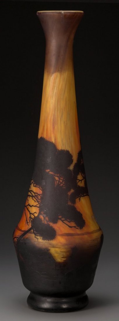 A Monumental Daum Overlay and Mottled Glass Land: A Monumental Daum Overlay and Mottled Glass Landscape Vase, Nancy, France, circa 1900 Marks: <