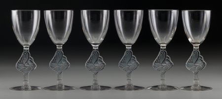 Six R. Lalique Clear Glass William Cocktail Glas: Six R. Lalique Clear Glass William Cocktail Glasses with Bl