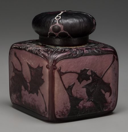 A Large Daum Overlay Glass Inkwell with Oak Leaf: A Large Daum Overlay Glass Inkwell with Oak Leaf Motif and Martelé, Nancy, France, early 20th century<