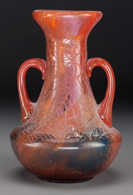 A Daum Etched and Enameled Mottled Glass Handled: A Daum Etched and Enameled Mottled Glass Handled Vase: Foliage with Cobwebs
