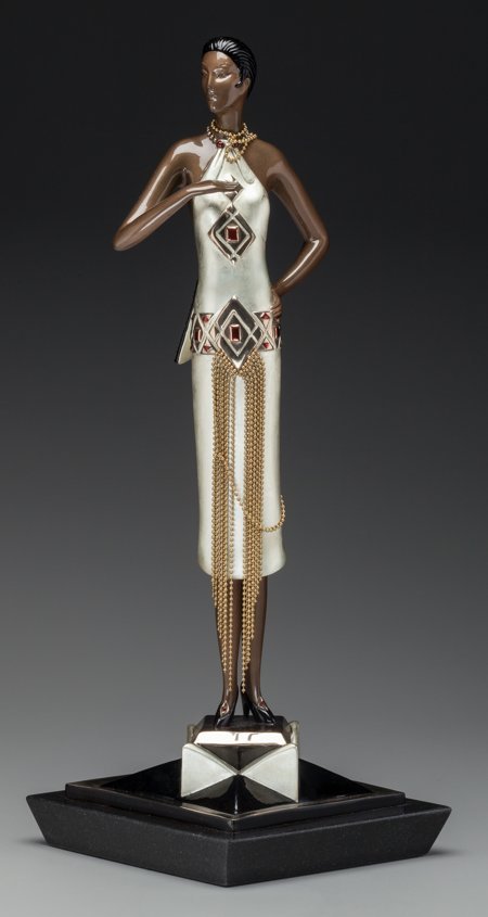 An Erté Cold Painted Bronze Sculpture on Granite: An Erté Cold Painted Bronze Sculpture on Granite Base: Café Society